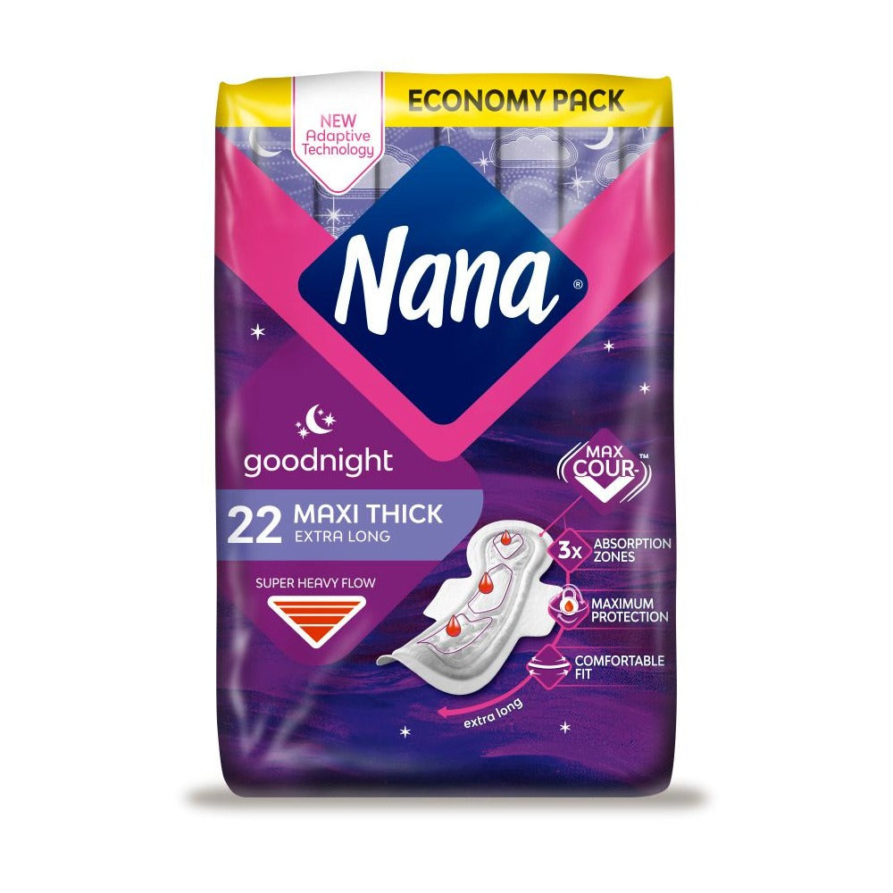 Nana Pads Maxi Night Wings Maxi Thick - 22pcs | نانا فوط نانا ليلية سميكة جدًا وطويلة جدًا - 22 قطعة