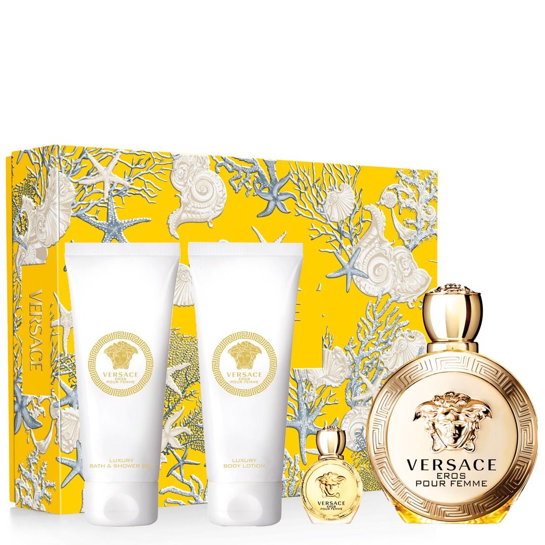 Versace Eros Pour Femme Set (EDP 100ml + EDP 5ml + BL 100ml + SG 100ml | فيرساتشي سيت عطر بور فيمي للنساء - 100 مل + 100 مل + 100 مل