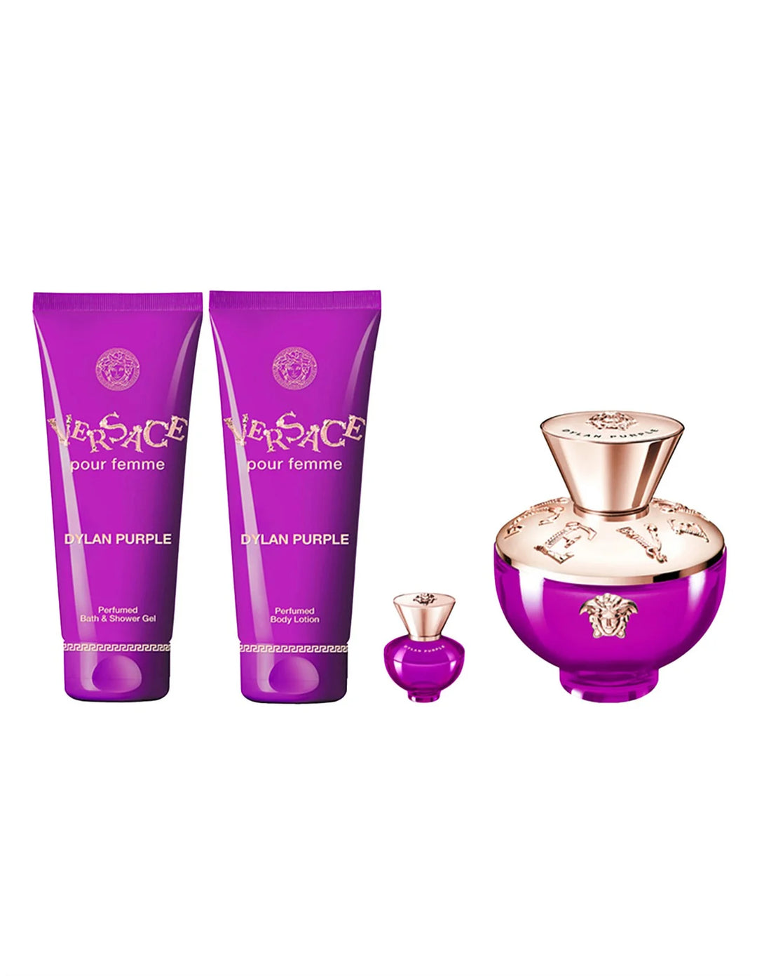 Versace Dylan Purple Set (EDP 100ml + EDP 5ml + BL 100ml + SG 100ml) | فيرساتشي سيت ديلان بيربل او ديو بارفان للنساء - 100 مل + 5 مل + 100 مل + 100 مل
