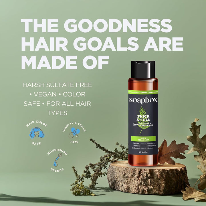Soapbox Thick & Full, 2-In-1 Shampoo + Conditioner, Oak & Cedar Leaf - 473ml |  سوب بوكس شامبو وبلسم 2 في 1 كثيف وممتلئ – أوراق البلوط والأرز – 473 مل