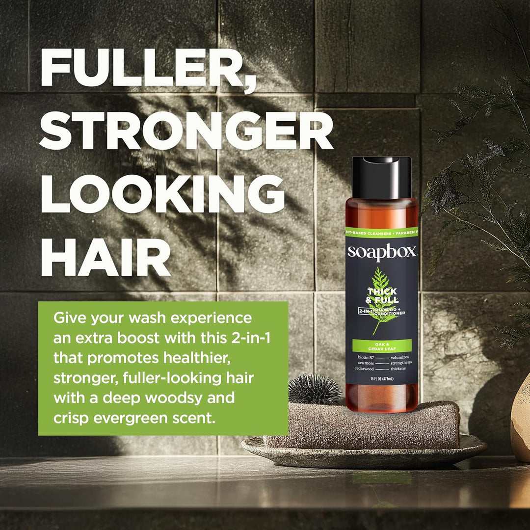 Soapbox Thick & Full, 2-In-1 Shampoo + Conditioner, Oak & Cedar Leaf - 473ml |  سوب بوكس شامبو وبلسم 2 في 1 كثيف وممتلئ – أوراق البلوط والأرز – 473 مل
