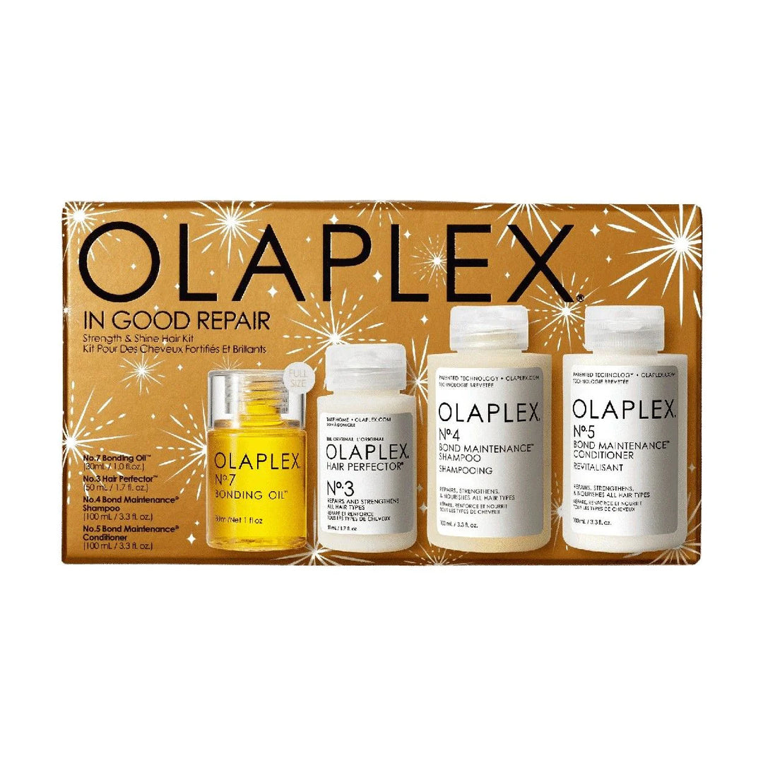 olaplex In Good Repair Bonding Oil + Hair Perfector + Shampoo + Conditioner  - 30x50x100x100ml | اولابليكس مجموعة لترميم الشعر تحتوي بلسم + شامبو + قناع + زيت - 30 x 50 x 100 x 100 مل