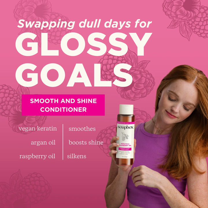 Soapbox Keratin and Raspberry Oil Smooth and Shine Conditioner - 473ml |  سوب بوكس بلسم تنعيم ولمعان الشعر  بالكيراتين وزيت التوت – 473 مل