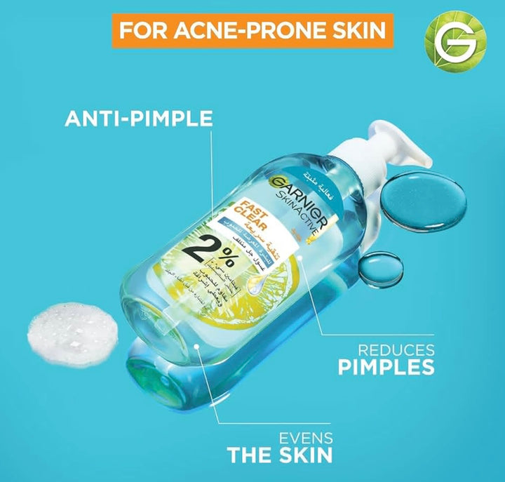 Garnier Skin active Fast Clear Gel Wash - 200ml | غارنيه غسول فيتامين سي و سالسيليك اسيد - 200 مل