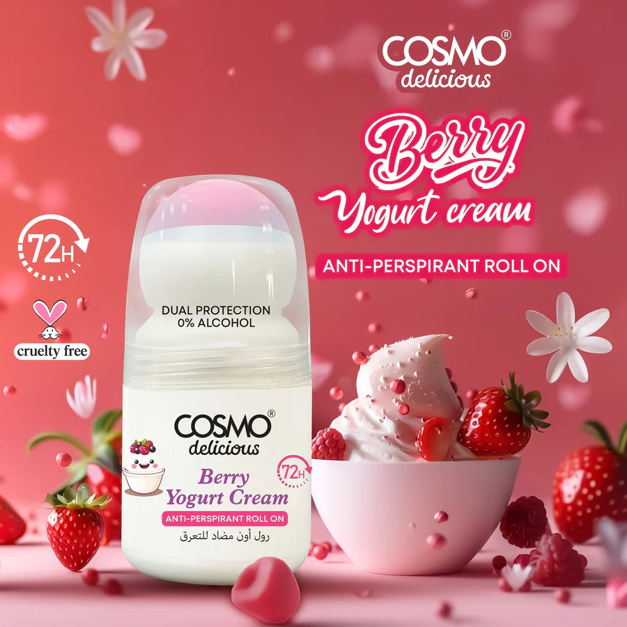 COSMO Berry Yogurt Cream Anti- Perspirant Roll On 72H - 50ml | مزيل عرق كوزمو كريم بنكهة التوت والزبادي مضاد للتعرّق لمدة 72 ساعة – 50 مل