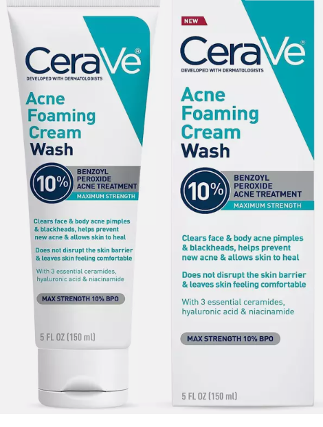 Cerave Acne Foaming Cream Wash Cleanser 10% Benzoyl Peroxide - 150ml | سيرافي غسول كريمي رغوي لحب الشباب 10% بنزويل بيروكسايد - 150 مل