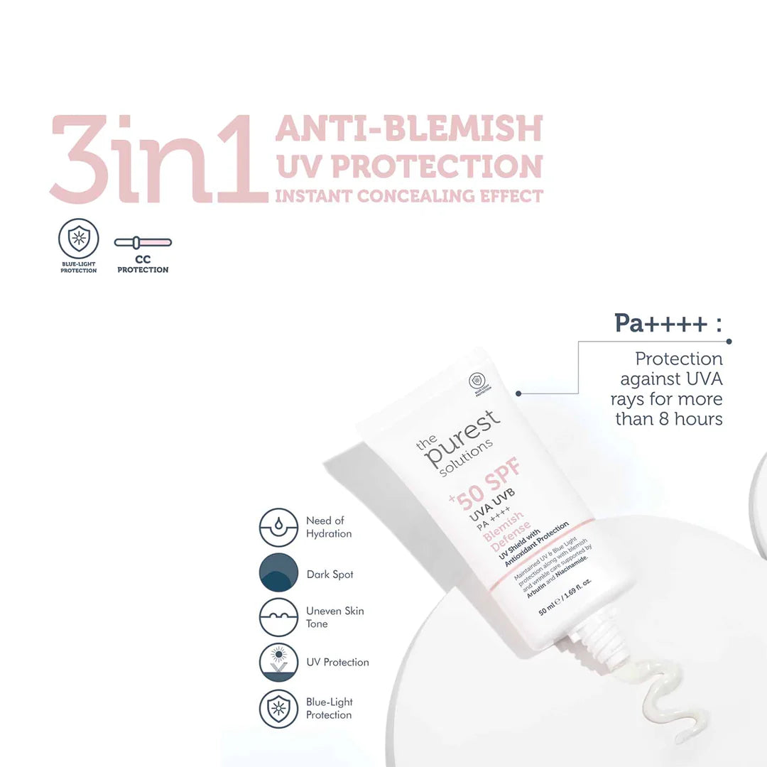 The Purest Solutions SPF50+ Blemish Defense Cream - 50 ml | ذا بيوريست كريم مزيل الشوائب وخافي العيوب مع عامل حماية من شمس 50+