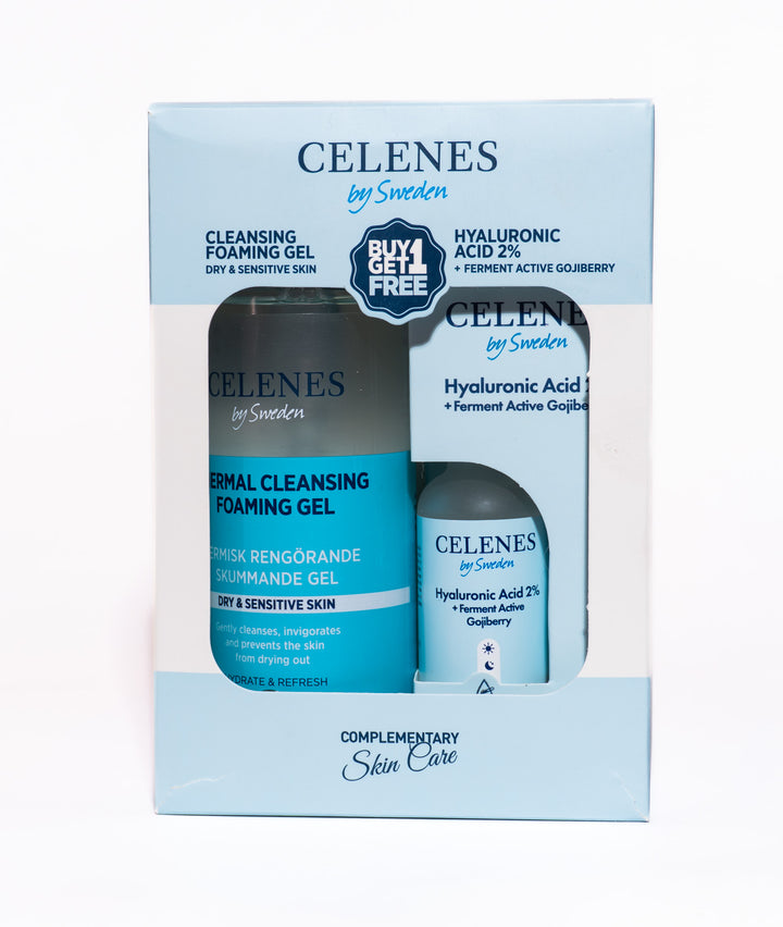 Celenes by Sweden Hyaluronic Acid 2% + Ferment Active Gojibery - Thermal Cleansing Foaming Gel Dry & Sensitive Skin - 30x200ml |سيلينس مجموعة العناية بالبشرة الجافة و الحساسة - 30 x200 مل