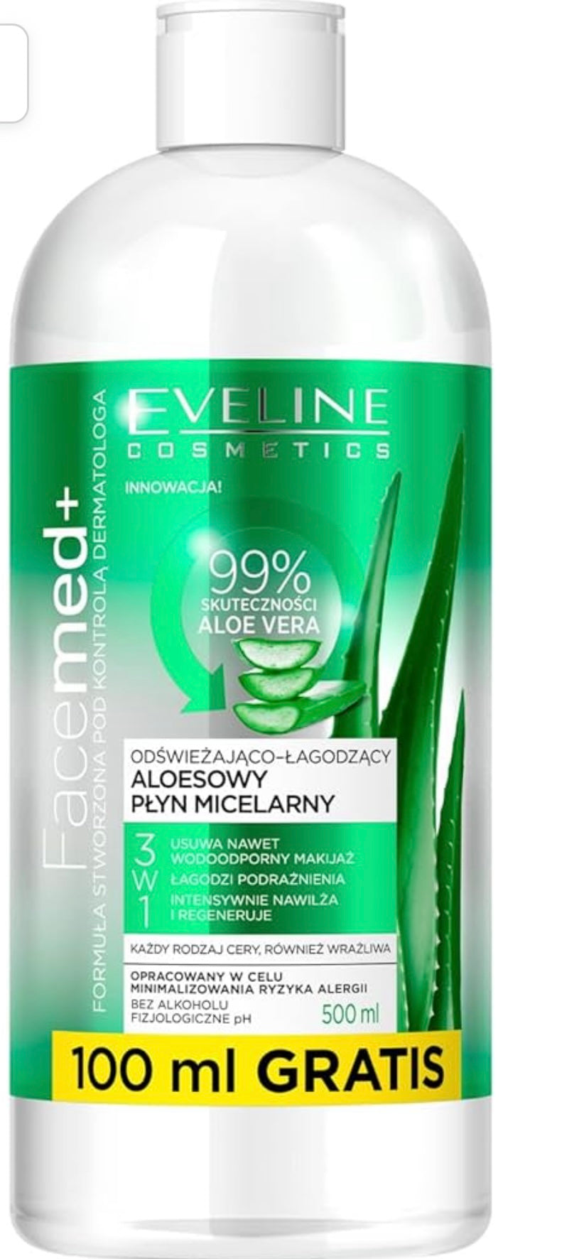 Eveline Refreshing & Soothing Aloe Vera Micellar Water 3in1 - 400ml | ايفيلين ميسيلير بالالوفيرا 3 في 1 - 400 مل