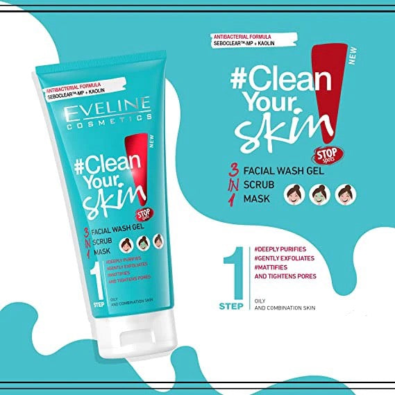 Eveline Clean Your Skin 3 In 1 Facial Wash Gel+Scrub+Mask - 200ml | ايفلين غسول 3 في 1 للوجه - 200 مل