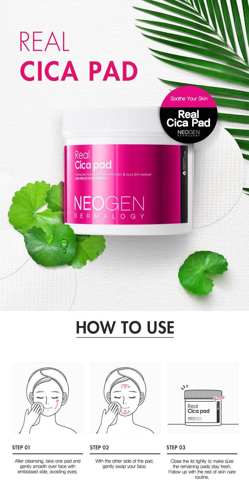 NEOGEN Real Cica Pad Dermalogy -150ml | نيوجين ديرمالوجي – دوائر قطنية تنظيف وعناية بخلاصة السيكا – 150 مل