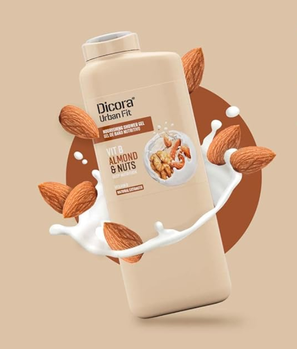 Dicora Urban Fit Shower Gel + Vitamin B Nutritive Activity Almonds & Nuts - 400ml | ديكورا سائل استحمام مغذي للبشرة باللوز وفيتامين بي - 400 مل