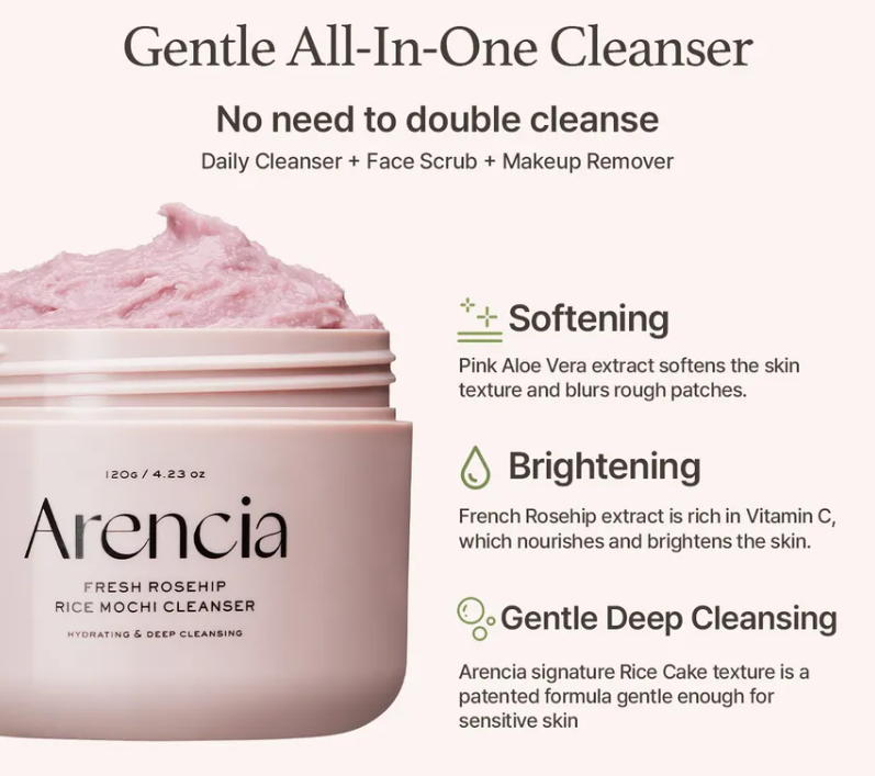 Arencia Fresh Rosehip Rice Mochi Cleanser - 120g | ارنيسيا غسول للوجه بمستخلص ثمرة الورد - 20 غرام