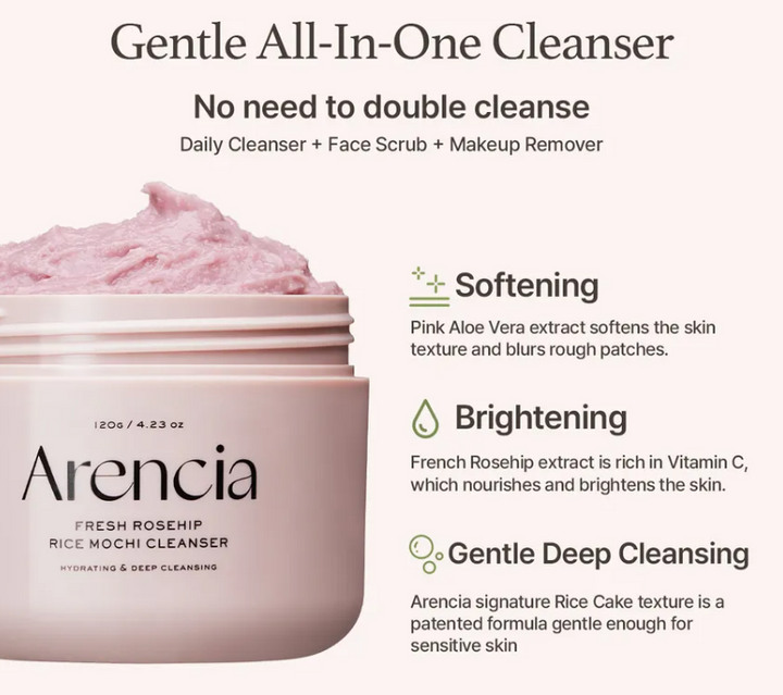 Arencia Fresh Rosehip Rice Mochi Cleanser - 120g | ارنيسيا غسول للوجه بمستخلص ثمرة الورد - 20 غرام