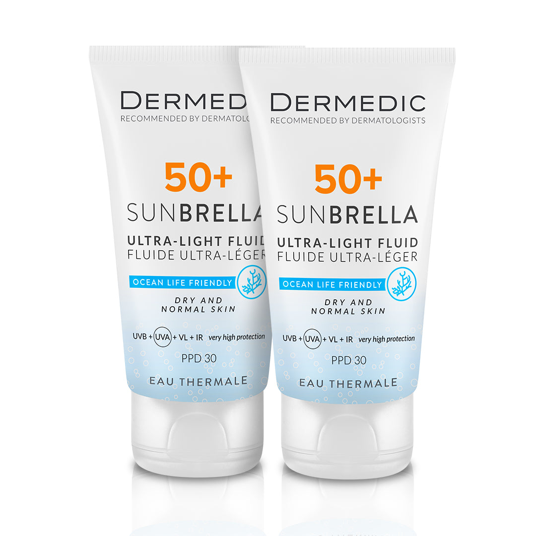 DERMEDIC Ultra - Light Fluid Dry & Normal Skin 1+1 Spf 50 - 40ml | ديرمديك واقي شمسي سائل للبشرة العادية و الجتفة Spf50+ - 1+1 - 40 lg