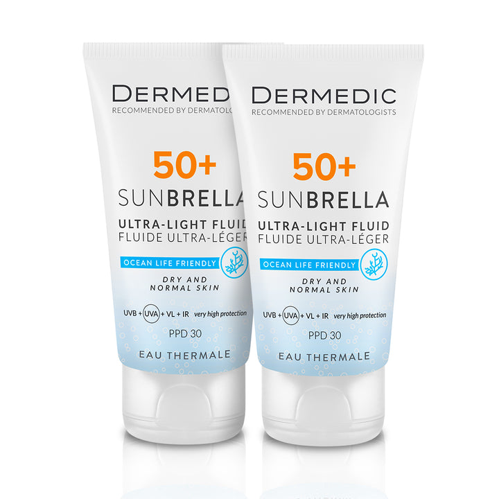 DERMEDIC Ultra - Light Fluid Dry & Normal Skin 1+1 Spf 50 - 40ml | ديرمديك واقي شمسي سائل للبشرة العادية و الجتفة Spf50+ - 1+1 - 40 lg