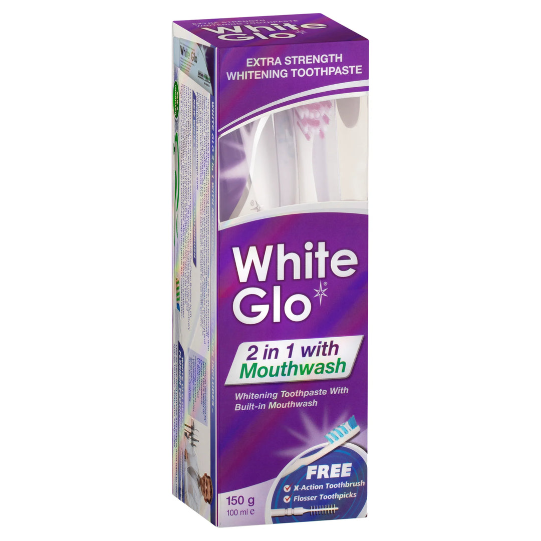 White Glo 2 In 1 Whitening Toothpaste With Mouthwash - 150g/100ml | ويات جلو 2 في 1 معجون أسنان مبيض مع غسول فم - 150 غرام/100 مل