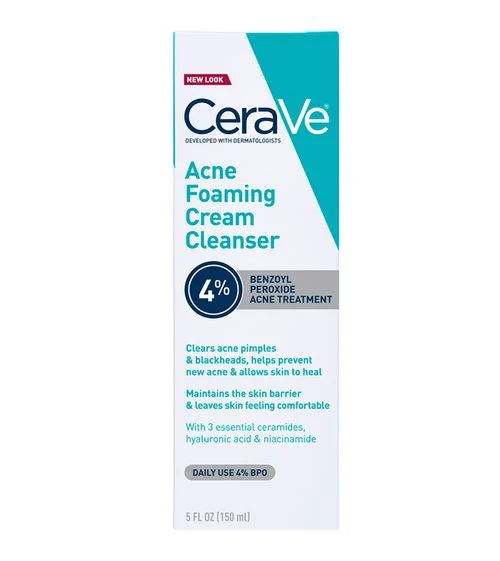 CeraVe Acne Foaming Face Wash  Cream 4% benzoyl peroxide Cleanser - 150ml |   سيرافي غسول الوجه رغوي لحب الشباب 4% بيروكسيد البنزويل - 150 مل