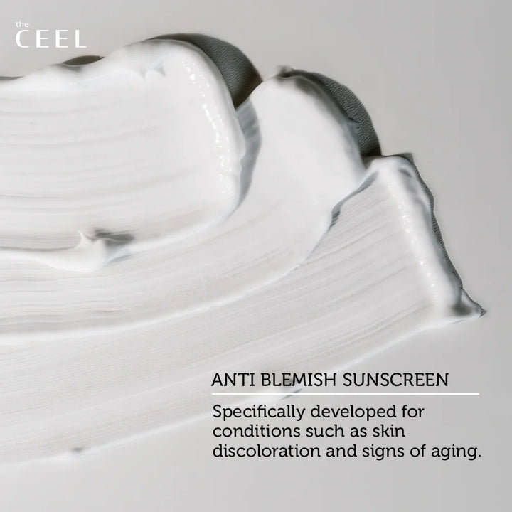 the CEEL Anti Blemish Sunscreen Spf50+ Broad Spectrum -50ml | ذا سيل واقي شمسي يمنع التصبغات - 50 مل