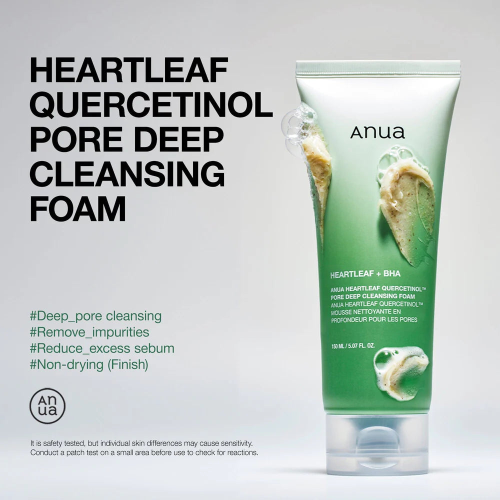 Anua Heartleaf Quercetinol Pore Deep Cleansing Foam - 150ml | أنوا غسول رغوي يحتوي على خلاصة نبات القلب، مصممة لتنظيف المسام بعمق وتقشير خلايا الجلد الميتة بلطف - 150 مل