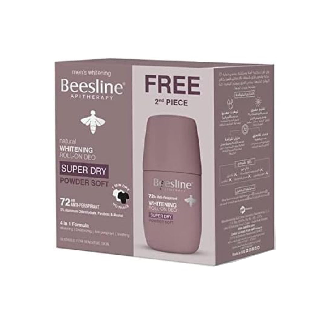 Beesline Natural Whitening Roll On Deodorant Super Dry Powder Soft 1+1 Free Offe - 2x50ml | بيزلين مزيل العرق رول اون يفتح البشرة، عبوة 1+1 مجانية - 2 × 50 مل