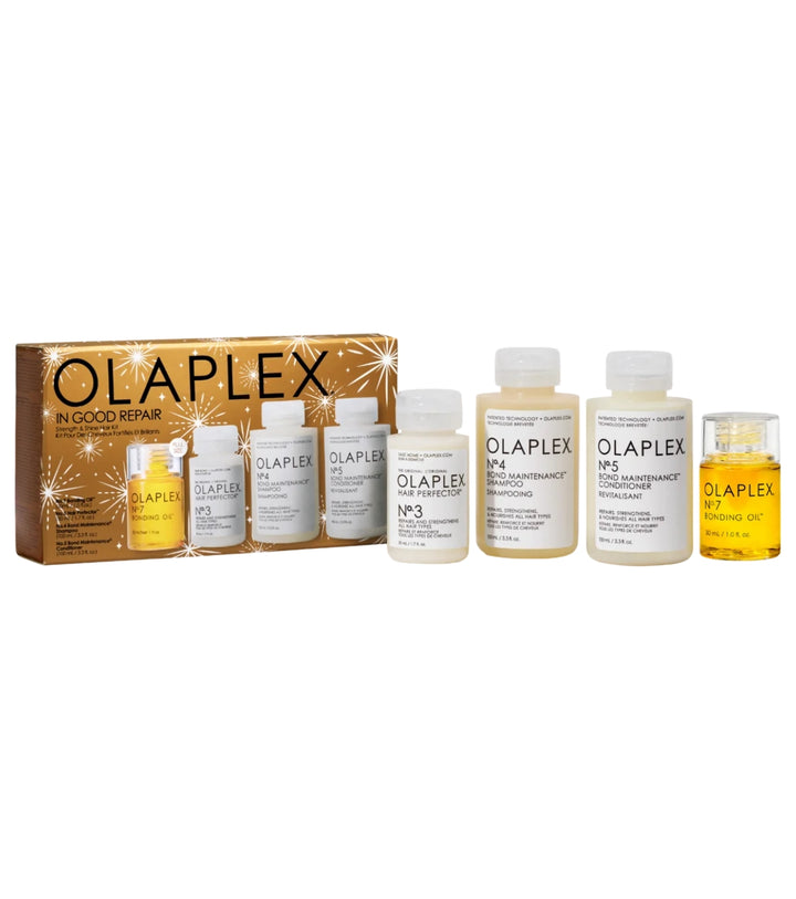 olaplex In Good Repair Bonding Oil + Hair Perfector + Shampoo + Conditioner  - 30x50x100x100ml | اولابليكس مجموعة لترميم الشعر تحتوي بلسم + شامبو + قناع + زيت - 30 x 50 x 100 x 100 مل