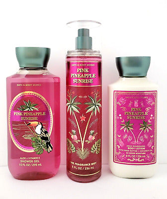 Bath & Body Works Pink Pineapple Sunrise Fragrance Mist & Shower Gel & Body Lotion - Full Size Set | باث اند بودي وركس مجموعة ميست الجسم و لوشن الجسم و جل استحمام بالحجم الكبير