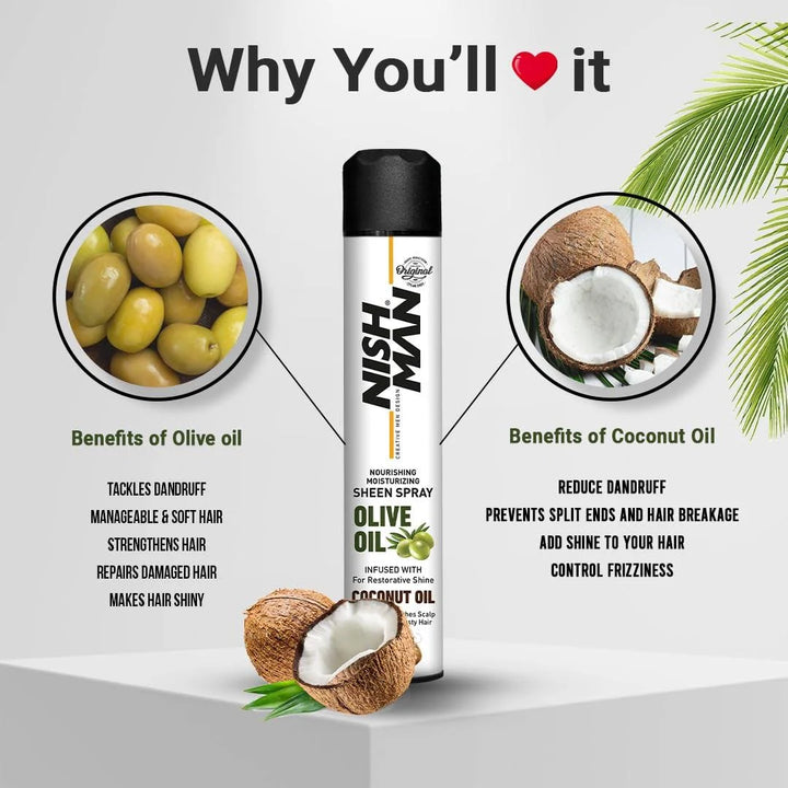 NISH MAN Olive Oil Coconut Oil Sheen Spray - 400ml| نايش مان بخاخ مرطب ومغذي للشعر-400مل