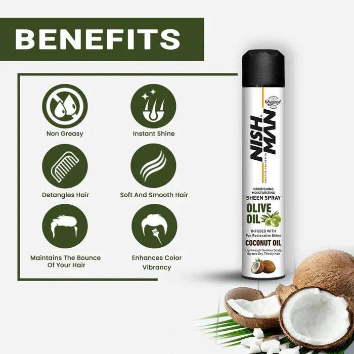 NISH MAN Olive Oil Coconut Oil Sheen Spray - 400ml| نايش مان بخاخ مرطب ومغذي للشعر-400مل