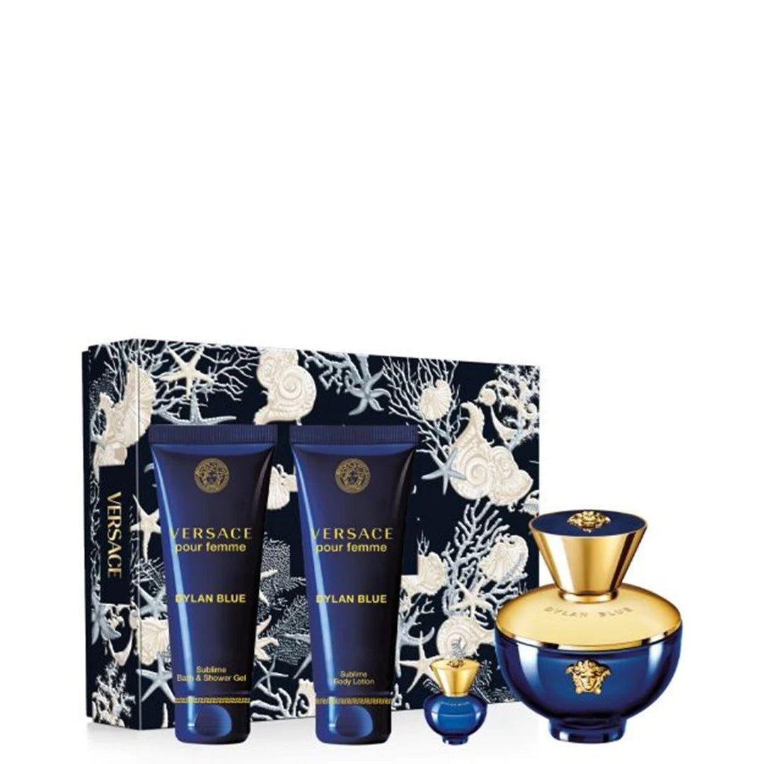 Versace Dylan Blue Set (EDP 100ml + EDP 5ml + BL 100ml + SG 100ml )| فيرساتشي سيت ديلان بلو او ديو بارفان للنساء - 100 مل + 5 مل + 100 مل + 100 مل