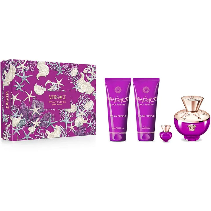 Versace Dylan Purple Set (EDP 100ml + EDP 5ml + BL 100ml + SG 100ml) | فيرساتشي سيت ديلان بيربل او ديو بارفان للنساء - 100 مل + 5 مل + 100 مل + 100 مل