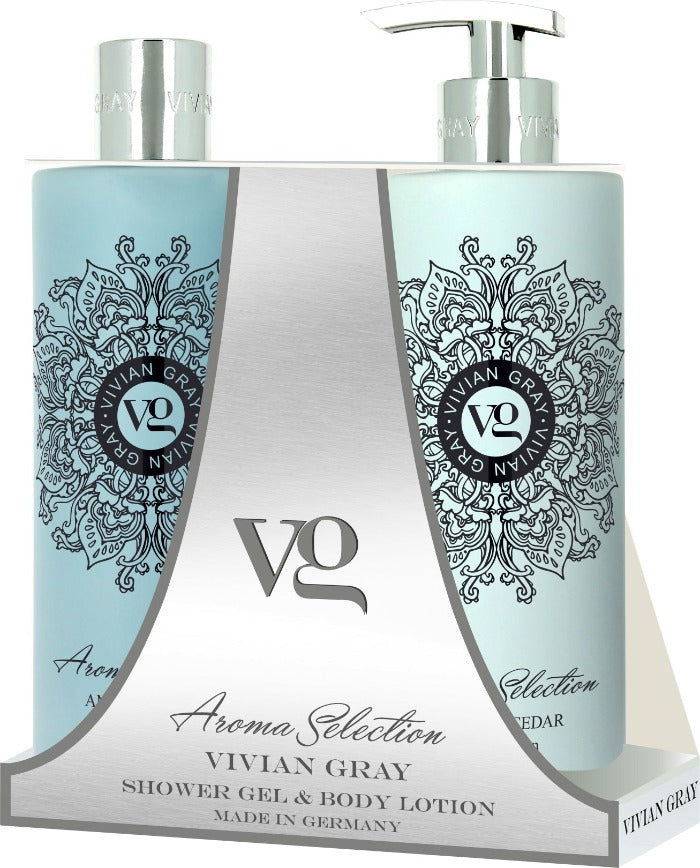 Vivian Gray Aroma Selection Shower Gel + Body Lotion Amber and Cedar - 2x500 ml | فيفيان كري لوشن للجسم + جل استحمام برائحة العنبر و خشب الأرز - 2x500 مل